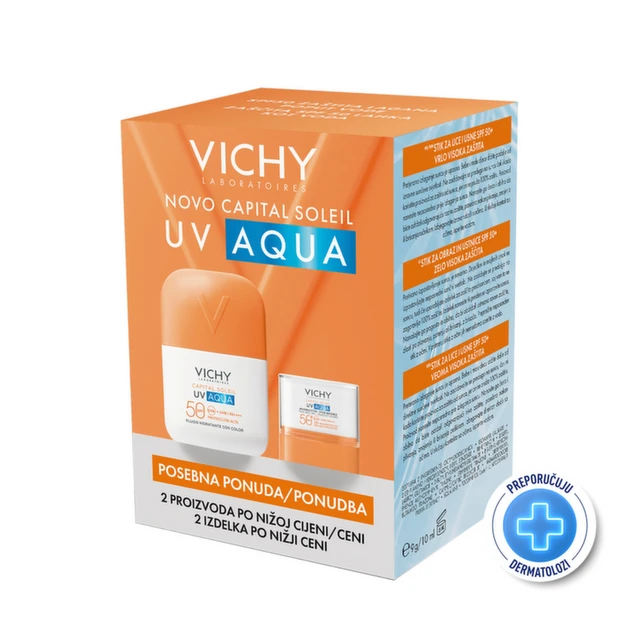 Vichy Capital Soleil  UV Aqua Nevidljivi fluid SPF 50, 50 ml + Stik za lice i usne SPF 50+, 10 g