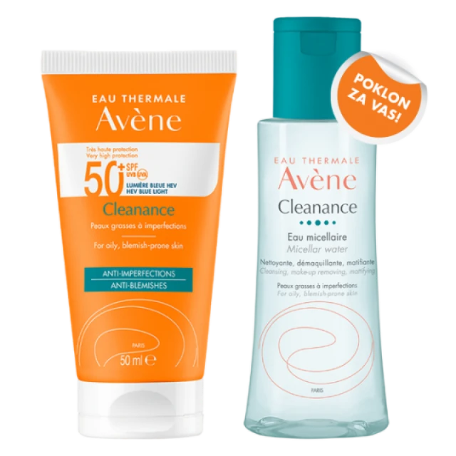 Avene Sun Cleanance Emulzija SPF 50, 50 ml + Micelarna voda, 50 ml GRATIS