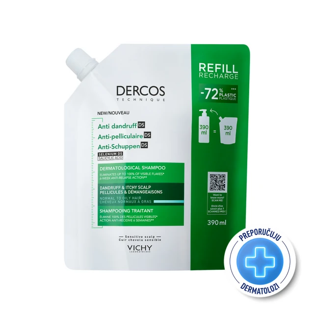 Vichy Dercos AD Šampon protiv peruti za normalnu ili masnu kosu, 390 ml refill
