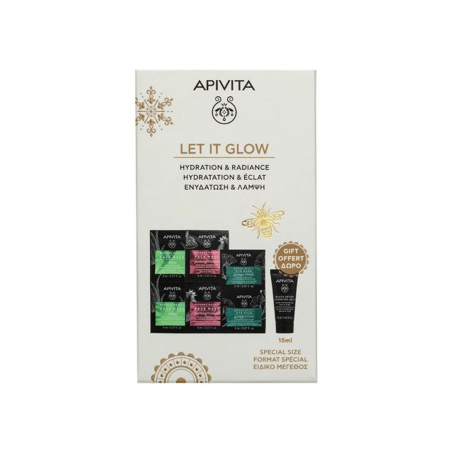 Apivita Let it glow SET maski za lice Aloja, 2x8 ml + Nar,  2x8 ml + Ginko biloba za zonu oko oka, 2x8 ml+ Gel za umivanje, 15 ml