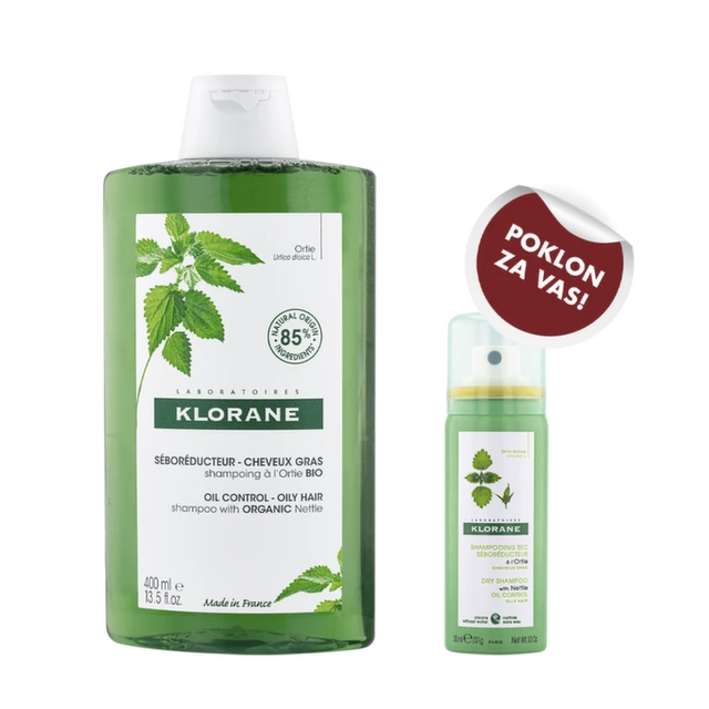 Klorane šampon od koprive, 400 ml + Kopriva Suvi šampon, 50 ml GRATIS