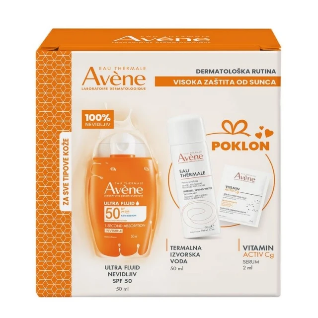 Avene Sun ultra fluid SPF 50, 50 ml + Termalna voda, 50 ml + Vitamin Activ Cg serum, 2 ml GRATIS