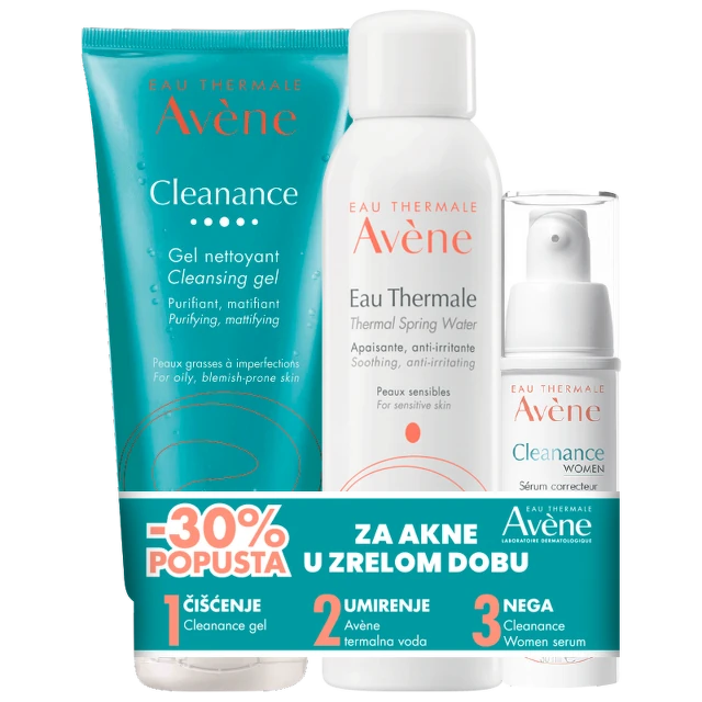 Avene Cleanance Women Serum, 30 ml + Termalna voda, 50 ml + Cleanance Gel, 200 ml PROMO