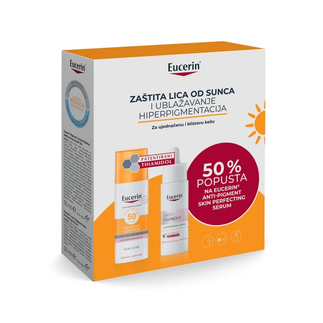 Eucerin Box Sun Pigment Control SPF 50, 50 ml + Antipigment Skin Perfecting Serum, 30 ml PROMO