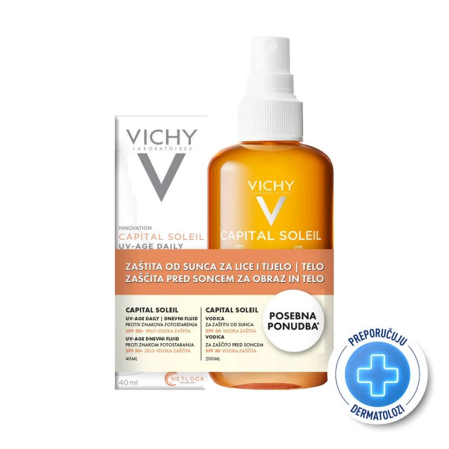 Vichy Capital Soleil UV-Age Daily vodeni fluid SPF50+, 40 ml + Vodica za naglašen ten za lice i telo SPF30, 200 ml PROMO